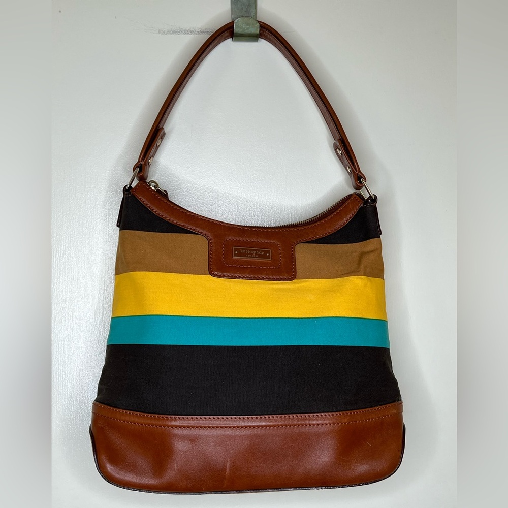 Kate Spade Vintage Striped Canvas Handbag with Leather Handle, Base and Trim.